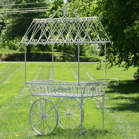 Flower Cart with Roof and Moving Wheels (Distressed White)