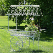 Flower Cart with Roof and Moving Wheels (Distressed White)