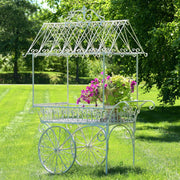 Flower Cart with Roof and Moving Wheels (Distressed White)